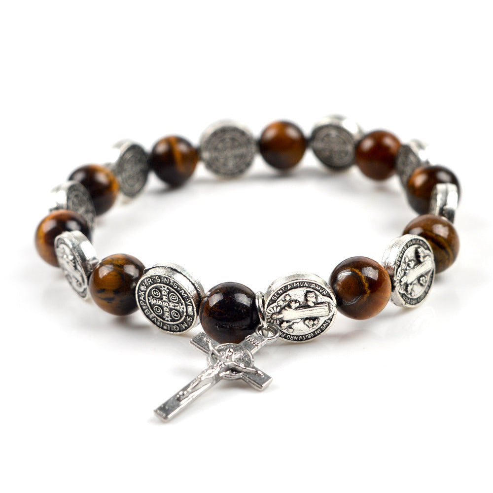 Alloy Jesus Cross Benedict Tiger Eye Rosary Bracelet