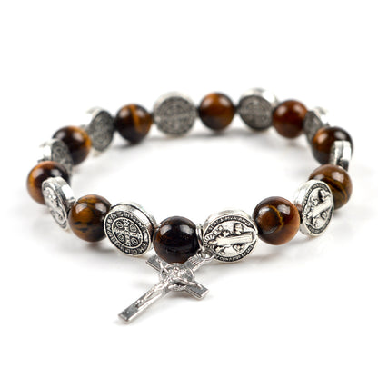 Alloy Jesus Cross Benedict Tiger Eye Rosary Bracelet