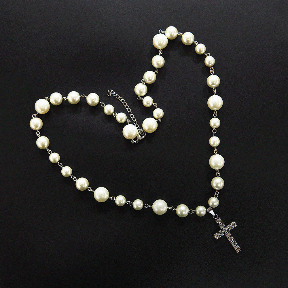 Steel Diamond Cross Pearl Necklace Adjustable Necklace
