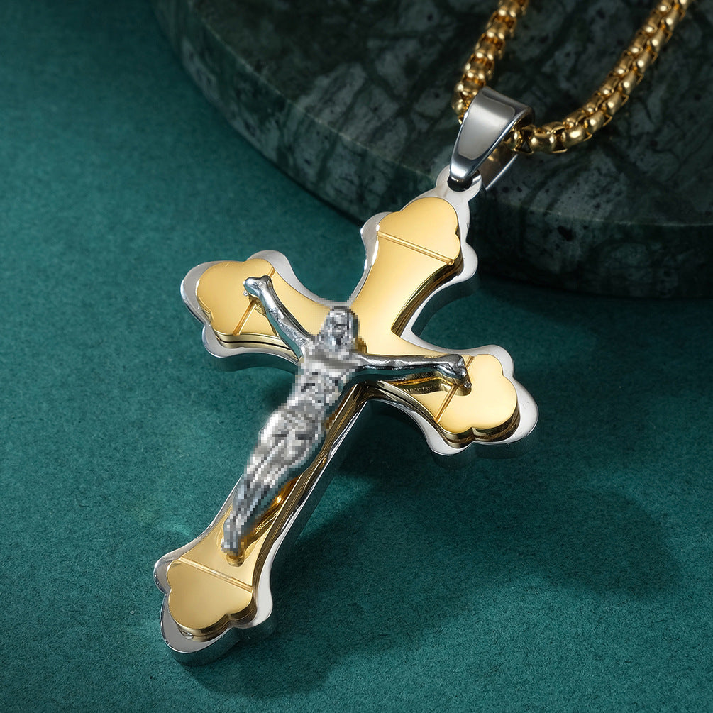 Three-layer Cross Pendant Titanium Steel Cross Necklace