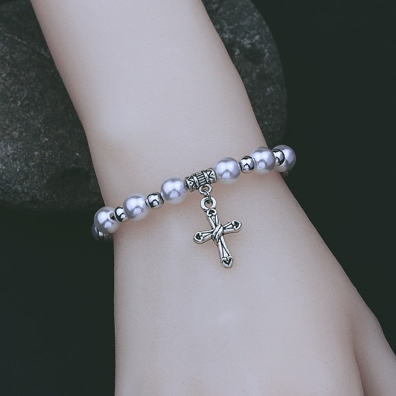 Vintage Pearl Cross Bracelet