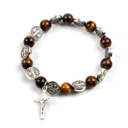 Alloy Jesus Cross Benedict Tiger Eye Rosary Bracelet