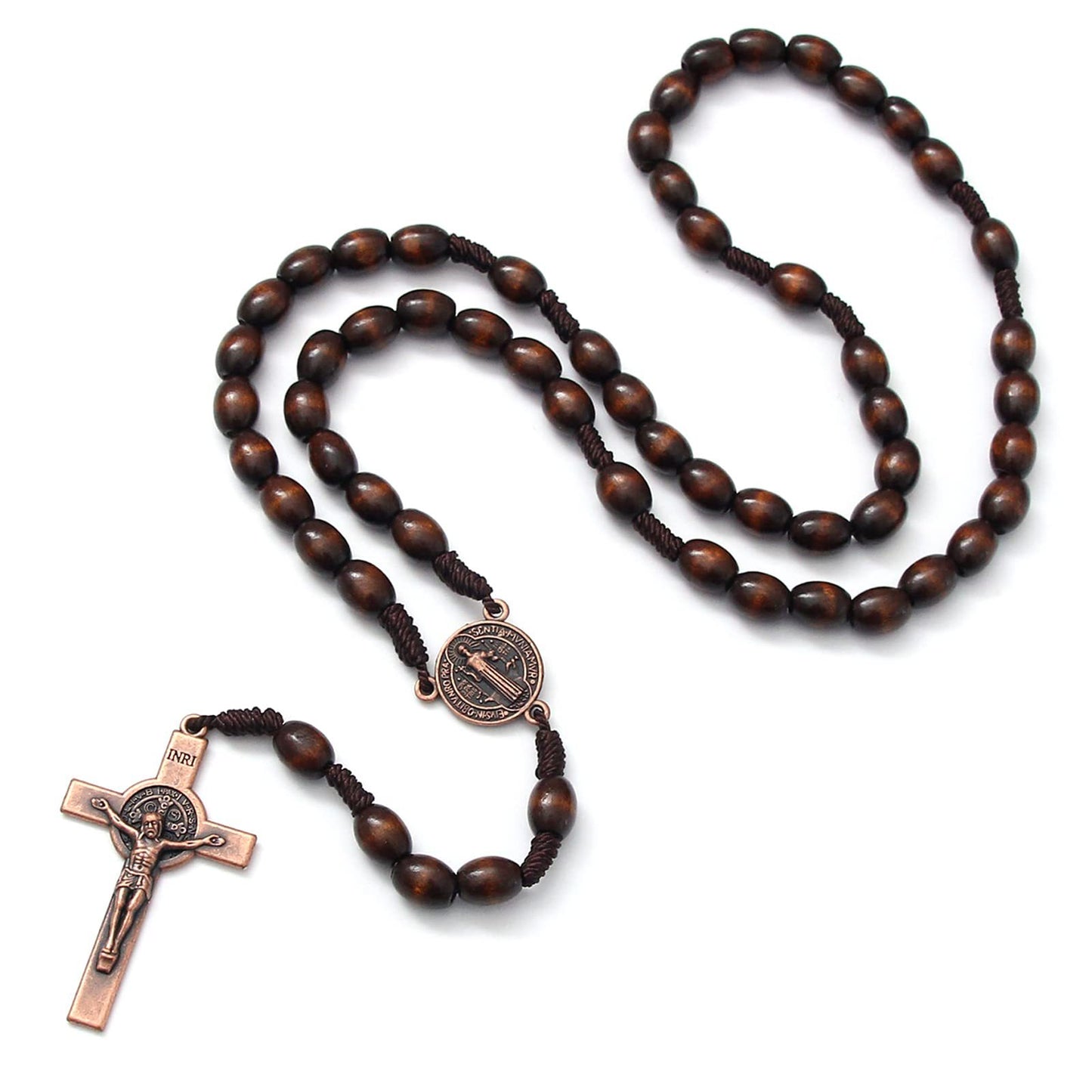 Rosary With Cross Wooden Beads Braided Cord