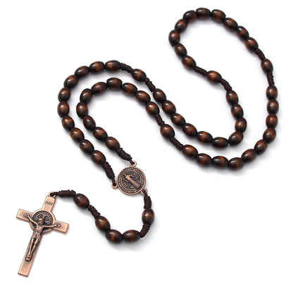 Rosary With Cross Wooden Beads Braided Cord