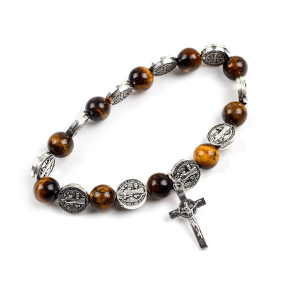 Alloy Jesus Cross Benedict Tiger Eye Rosary Bracelet