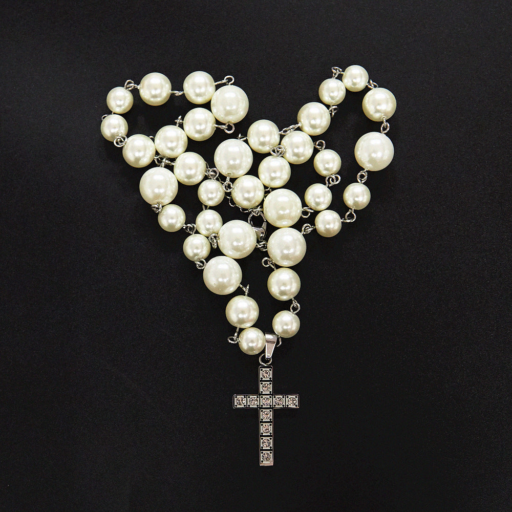 Steel Diamond Cross Pearl Necklace Adjustable Necklace
