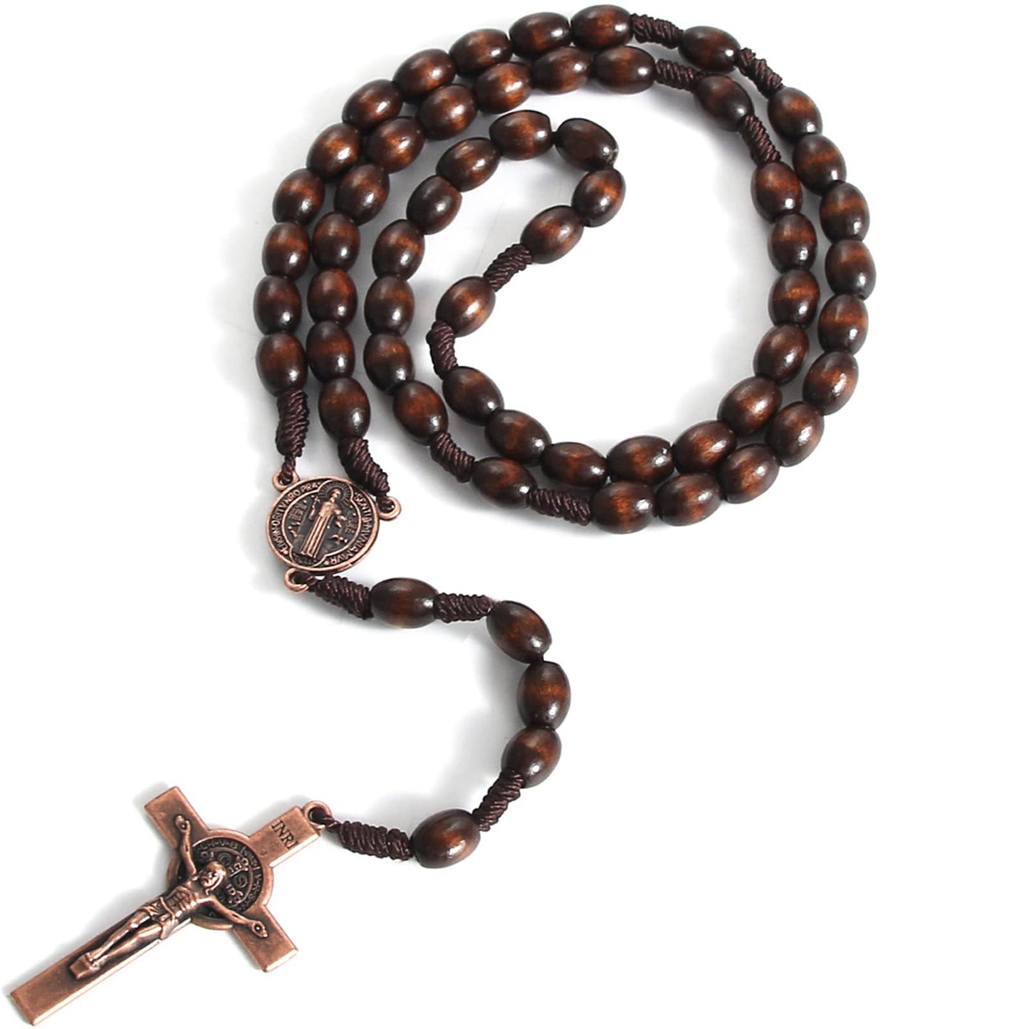 Rosary With Cross Wooden Beads Braided Cord