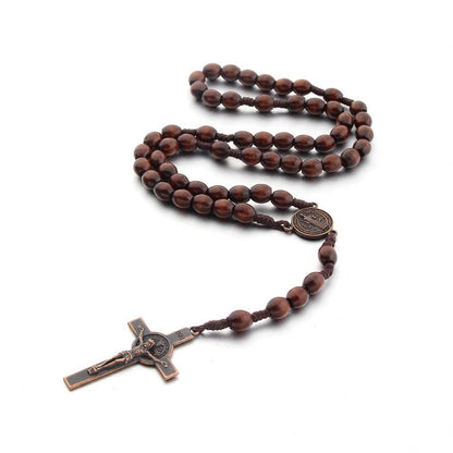 Rosary With Cross Wooden Beads Braided Cord