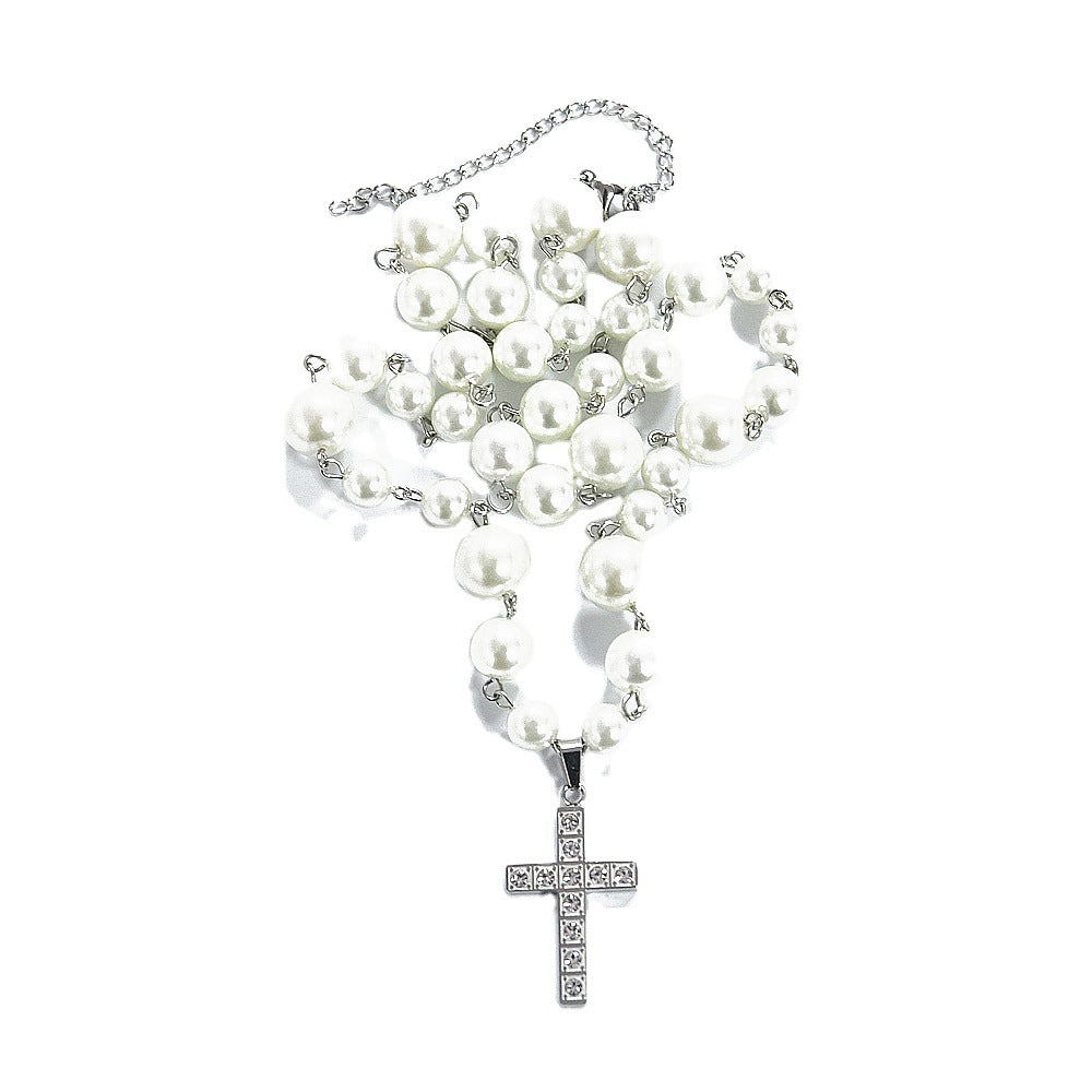 Steel Diamond Cross Pearl Necklace Adjustable Necklace