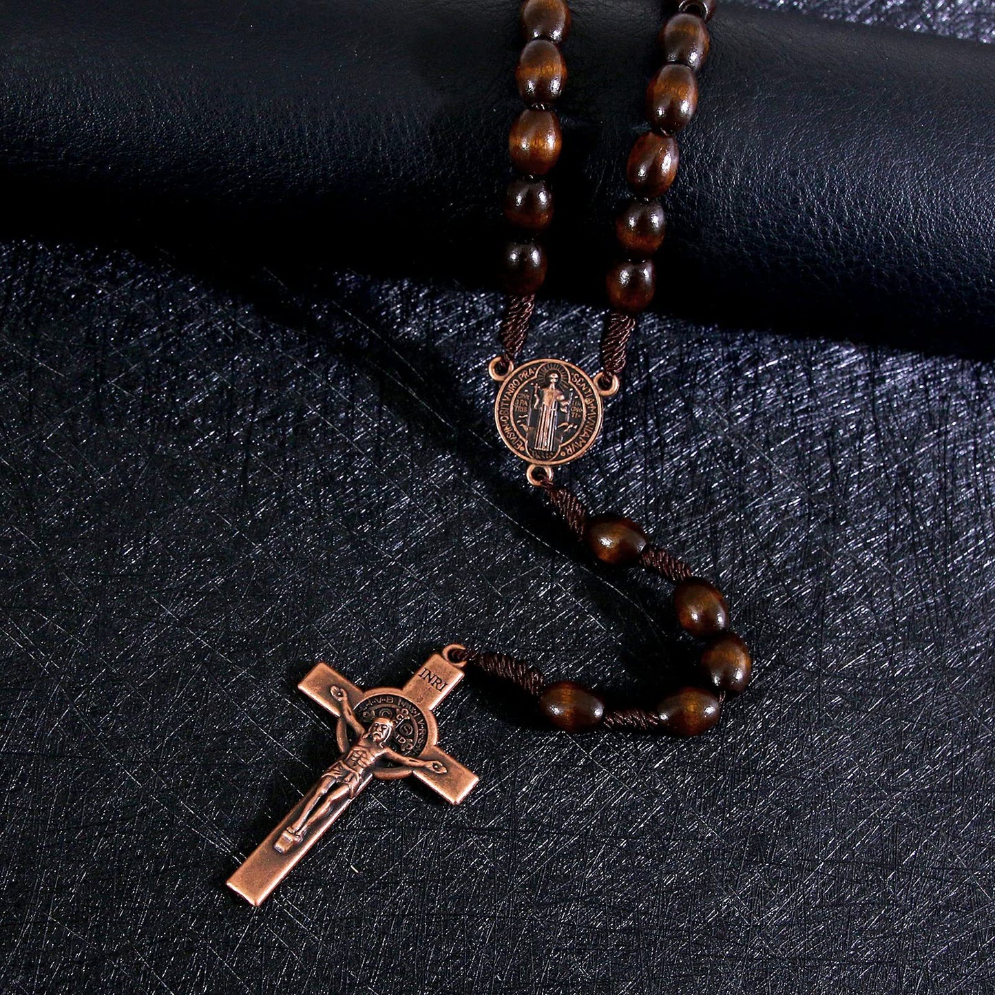 Rosary With Cross Wooden Beads Braided Cord