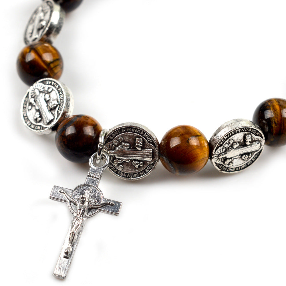 Alloy Jesus Cross Benedict Tiger Eye Rosary Bracelet