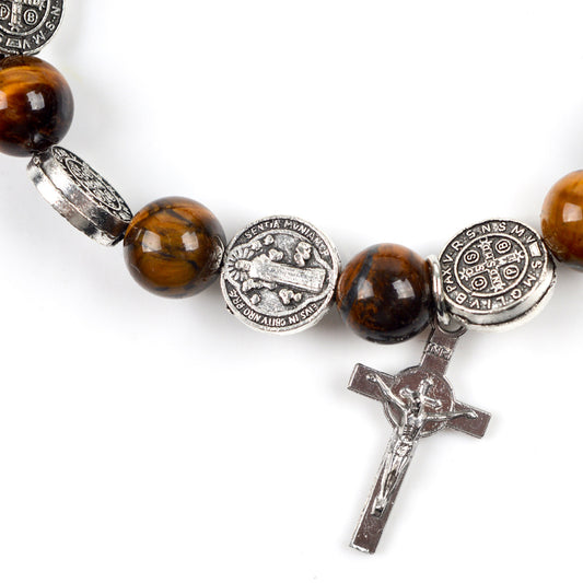 Alloy Jesus Cross Benedict Tiger Eye Rosary Bracelet