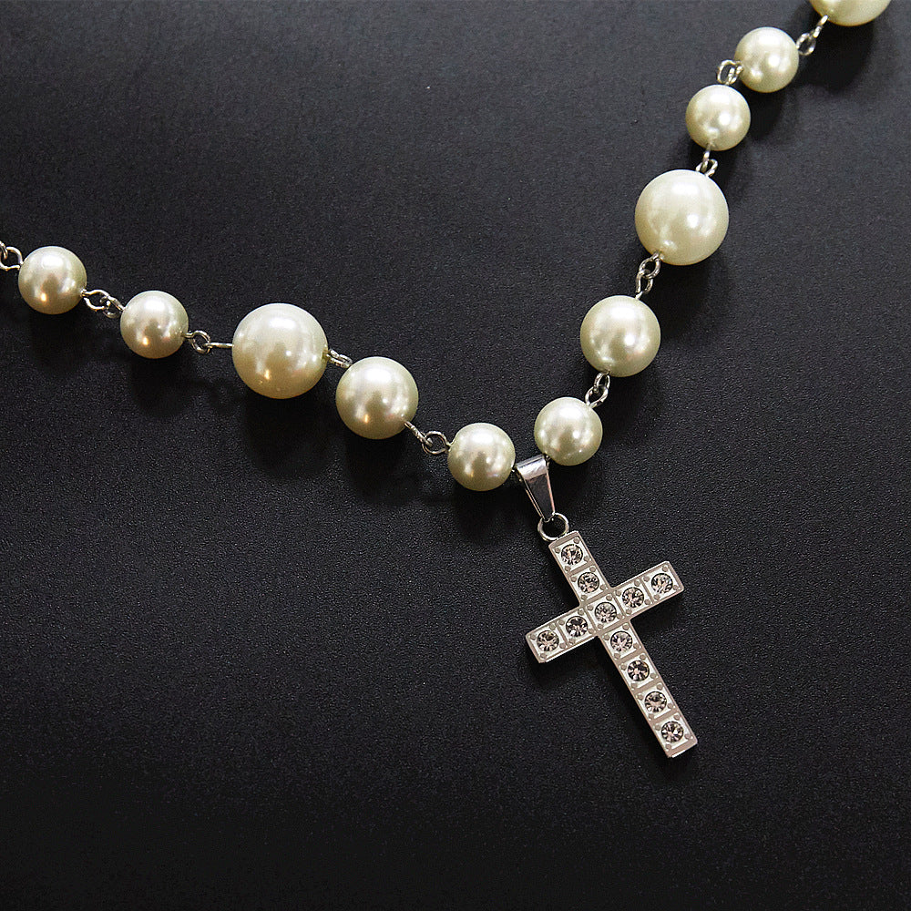 Steel Diamond Cross Pearl Necklace Adjustable Necklace