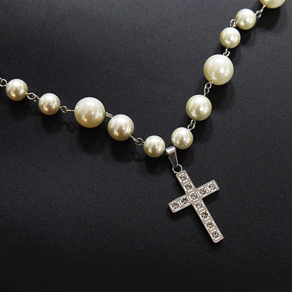 Steel Diamond Cross Pearl Necklace Adjustable Necklace